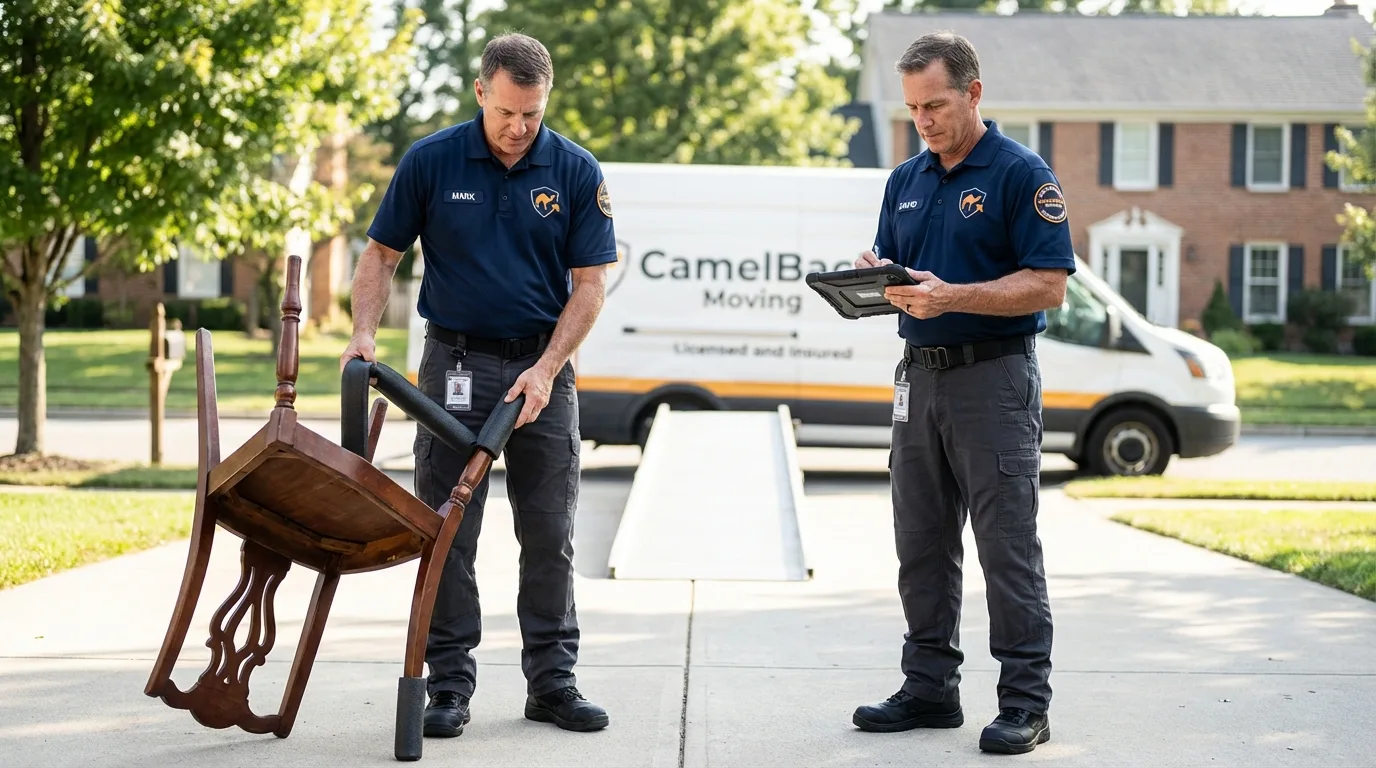 Movers inspecting furniture for damage prevention before loading in Fairdale, KY