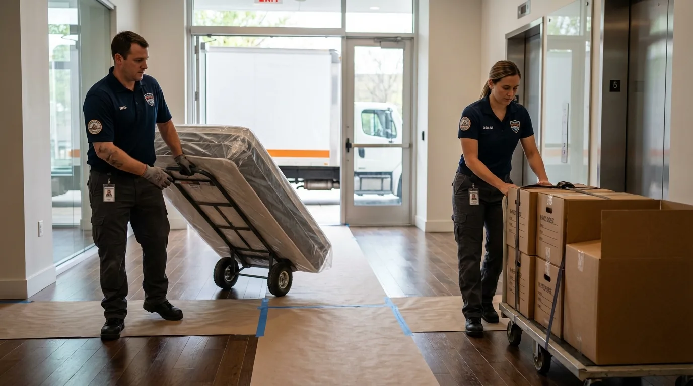 Professional apartment movers loading elevator in Fairdale, KY